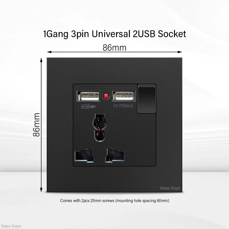 Black UK 13A Wall Socket with USB Type C 18W Quick Charge Plug Socket,Universal Wall power outlet 220V Electrical Light Switch