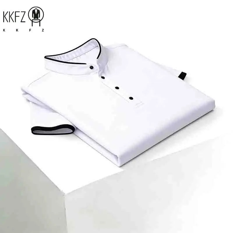 Men's Solid Black Stand Collar Short Sleeve Polo Shirt Half Button Pocket-free Casual Business Tee