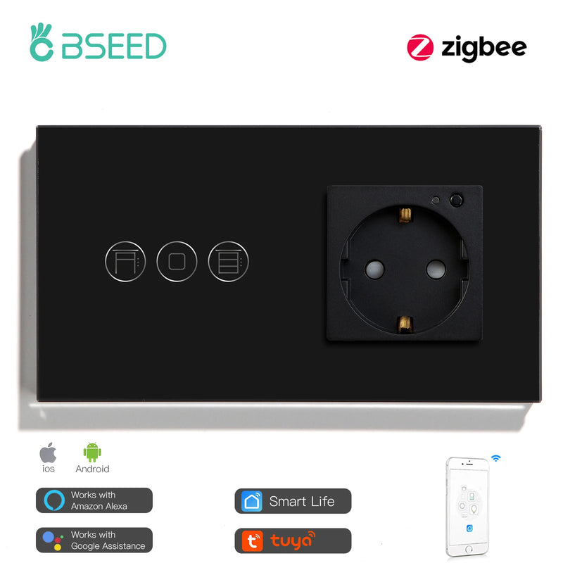 BSEED Tuya Zigbee Shutter Touch Switch For Electric Motor Roller Shutter Plus Zigbee Smart Socket Google Home Alexa App Control