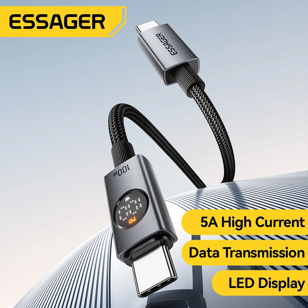 ខ្សែសាក Essager 100W Type C ទៅ Type C PD Fast Charging Cable សម្រាប់ Macbook iPad iPhone 17 16 Pro Max Digital Display Data Cord Wire