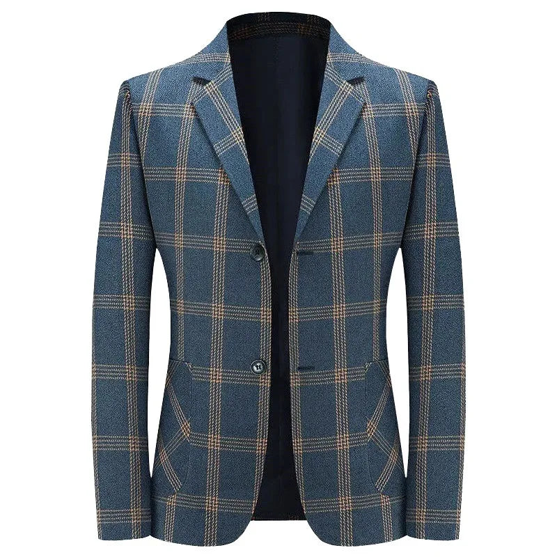 2026 New Men's Plaid Blazer – Classic Blue Checkered Suit Jacket, Slim Fit Business Casual Coat for Office, Wedding, Size M-4XL