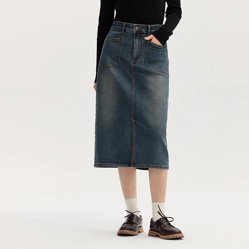 Semir Denim Skirt Women's Split 2024 New Autumn Retro Straight Skirt