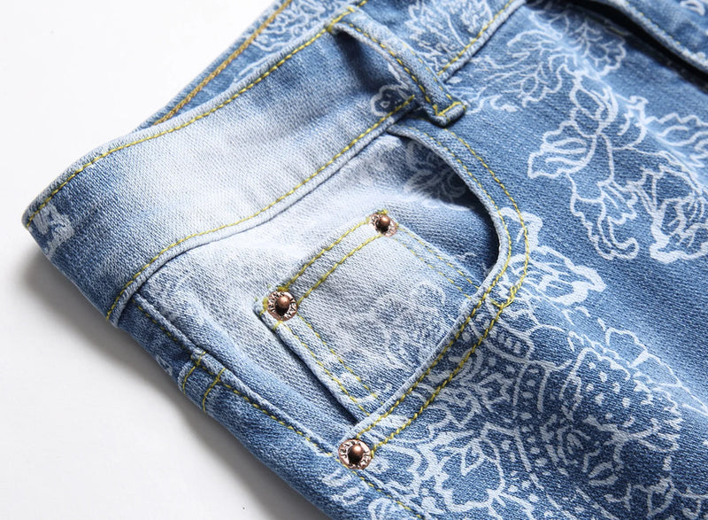 New Summer Collection of Men's Blue Stretch Denim Shorts, Stylish Casual Printed Jeans Shorts, Asian Sizes 28–42.