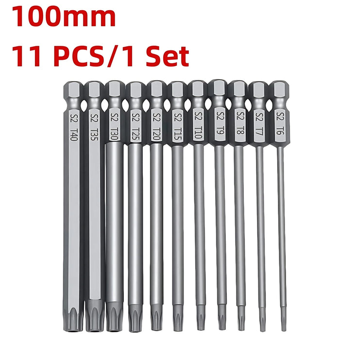 Magnetic Torx Screwdriver Set 100/50mm Extra Long Security Tamper Proof Star Drill Bit Screw Driver Tips Hex 1/4 for Rotary Tool 11PCS 100mm