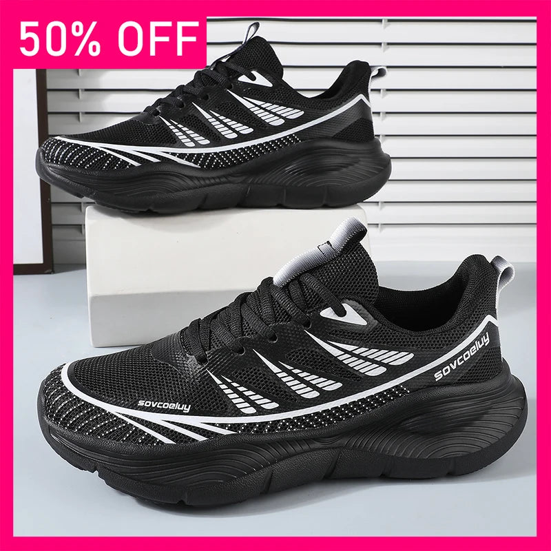 Men Sports Shoes Fashion Lace Up Versatile Mesh Breathe Lightweight Outdoor Fitness Shoes Classic Cushioning Flat Tennis Shoes