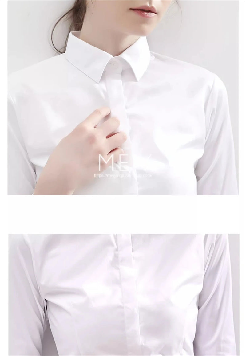 Women's White Collared Long-Sleeved Shirt, Solid Color Business/Office Non-Iron Wrinkle-Resistant Shirts. Black, Gray, Blue Tops