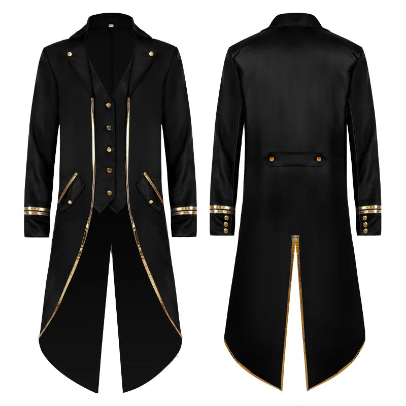 2026 Medieval Style Thin Men's Retro Mid-Length Punk Coat with Gold Trim Trench for Halloween Cosplay in Red Green Purple Jacket