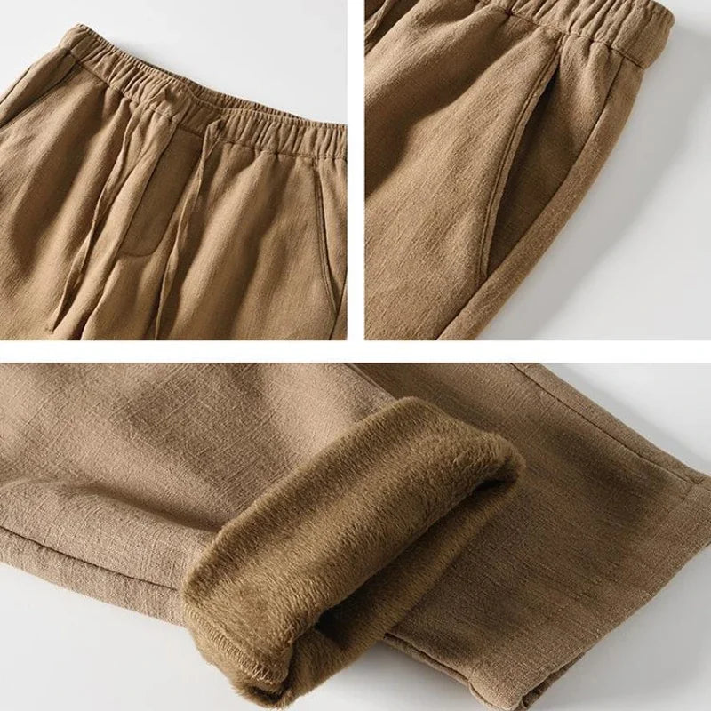 Winter New Vintage Warm Velvet Ramie Cotton Straight Pants for Men Clothing Elastic Waist Pants Retro Trousers BL8234