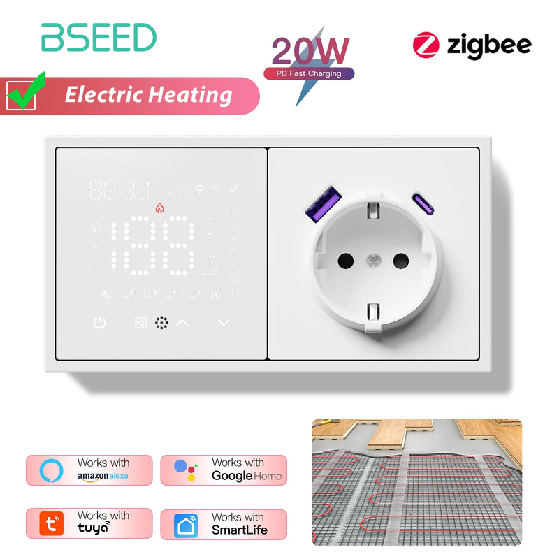 BSEED Zigbee Thermostat Smart Electric Floor Heating Water Boiler With Socket Alexa Google Temperature Controller Plastic Frame