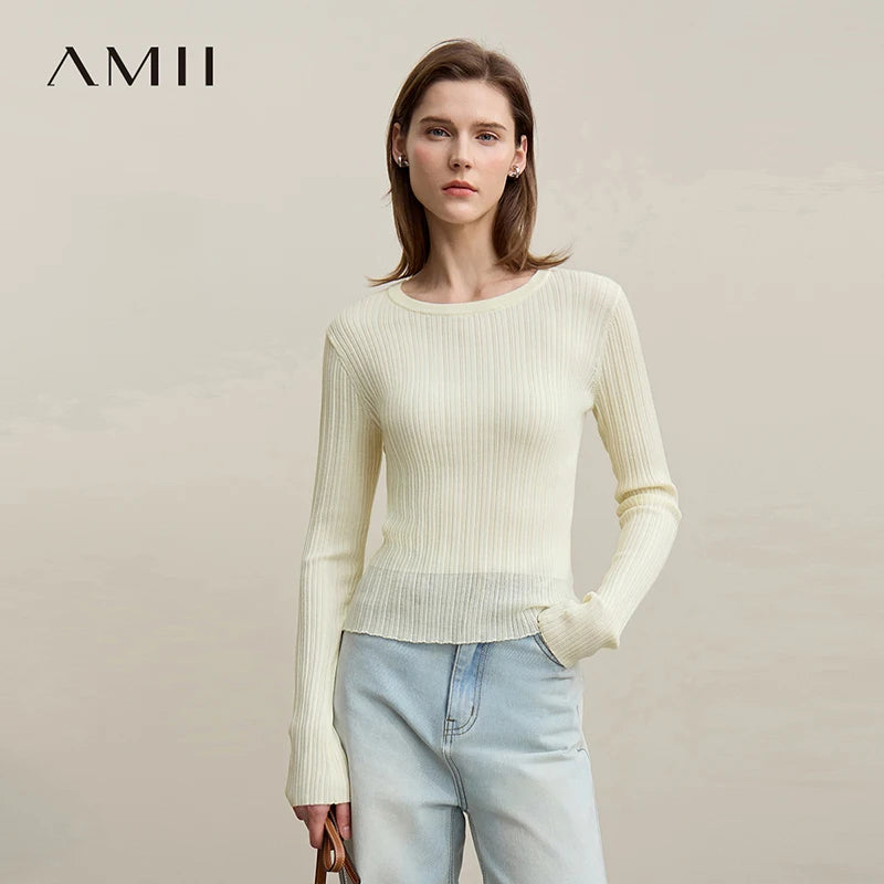 Amii Women's Autumn Sweater 2026 New Casual Round Neck Flared Sleeve Pullover Knitwear Solid Color Ladies Slim Top 12621042