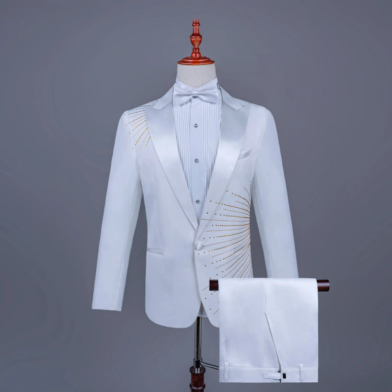 Men's Black Tuxedo Set with Diamond Embellished Jacket and Matching Trousers in White for Choirs/Stage Performances/Weddings
