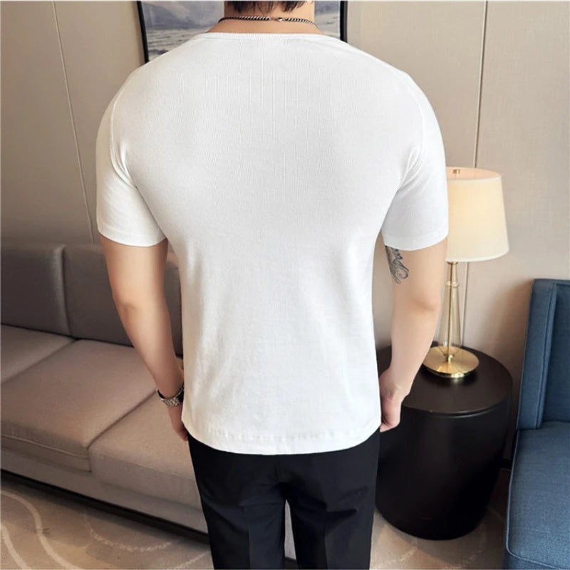 Men's Slim Fit Henley T-Shirt - Summer Short Sleeve Rib Knit Gym Workout Top | Stretchy Bodybuilding Muscle Tee for Fitness
