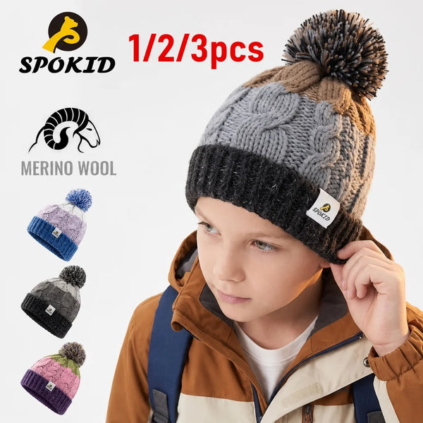 WRELS Merino Wool Beanie Windproof Warm Hat Fleece Lined Thick Knit Skull Cap Boys Girls Kids Winter Outdoor Skiing Snow Hat