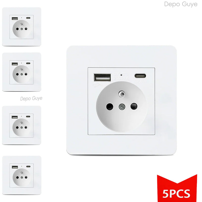 EU FR Power Socket ,Socket With Usb Charging Port and Type c White Stainless Steel Panel Russia Spain Wall Socket 5/10 PCS