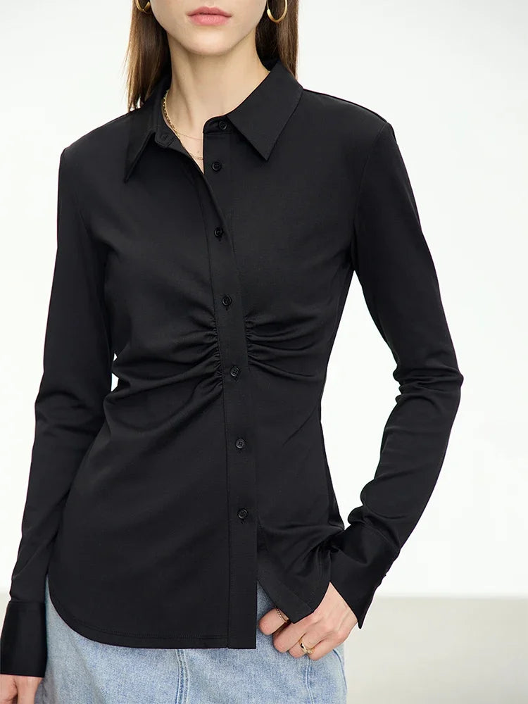 អាវ AMII Minimalism Asymmetric សម្រាប់ស្ត្រី 2025 រដូវស្លឹកឈើជ្រុះថ្មី Niche Folds Slim Office Lady Solid Female Shirts & Blouses 12343069