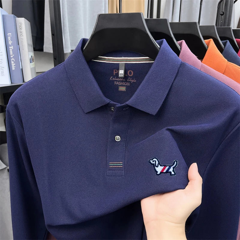 100% Cotton Men Long-Sleeve Polo Shirt Lapel Button Dog Embroidery Breathable Comfortable Autumn Winter Business Casual Menswear