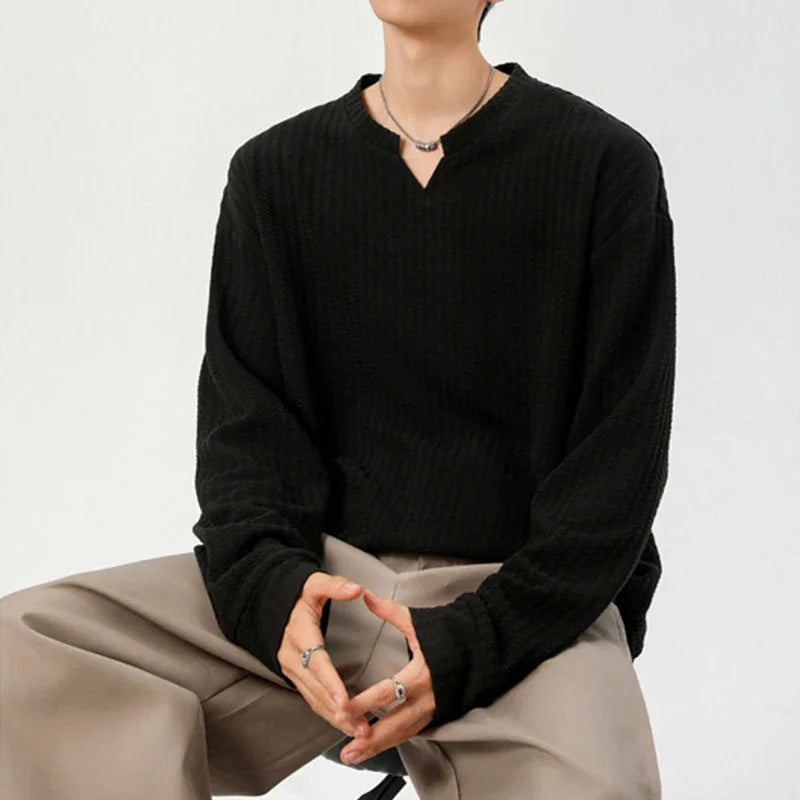Male Trendy Vertical Weave Top Long Sleeve Notch Neck Irregular Hem Suitable For Dating Weekend Outings Street Scenes