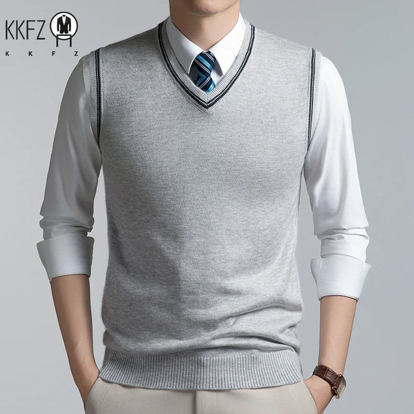 Mens V Neck Sleeveless Knit Waistcoat Contrast Rib Trim Soft Slim Sweater Vest For Daily Formal Wear In Autumn