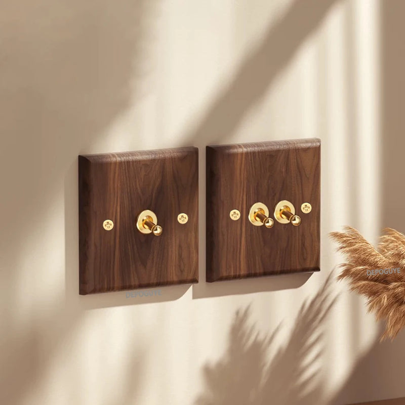 Black Retro Walnut Wall Toggle Switch Panel 1-4Gang 2Way Solid Wood Double EU/FR Socket Universal Usb C Electrical Power Outlet
