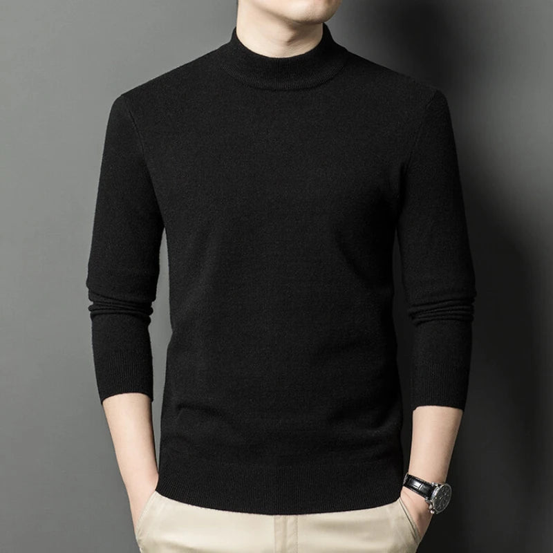 Half-high Collar Slim-fit Basic Solid Color Men's Warm Autumn and Winter Sweater, Daily Casual Long-sleeved T-shirt.