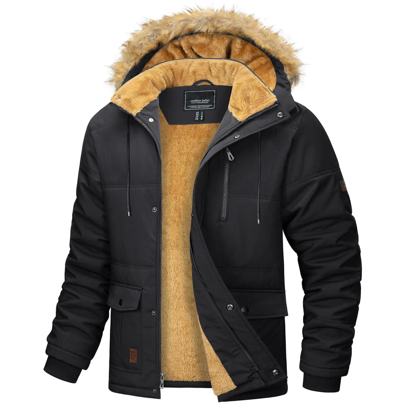 TACVASEN Winter Fleece Jackets Mens Thermal Warm Hooded Coats Removable Hood Hiking Work Jackets Parka Windbreaker Outwear