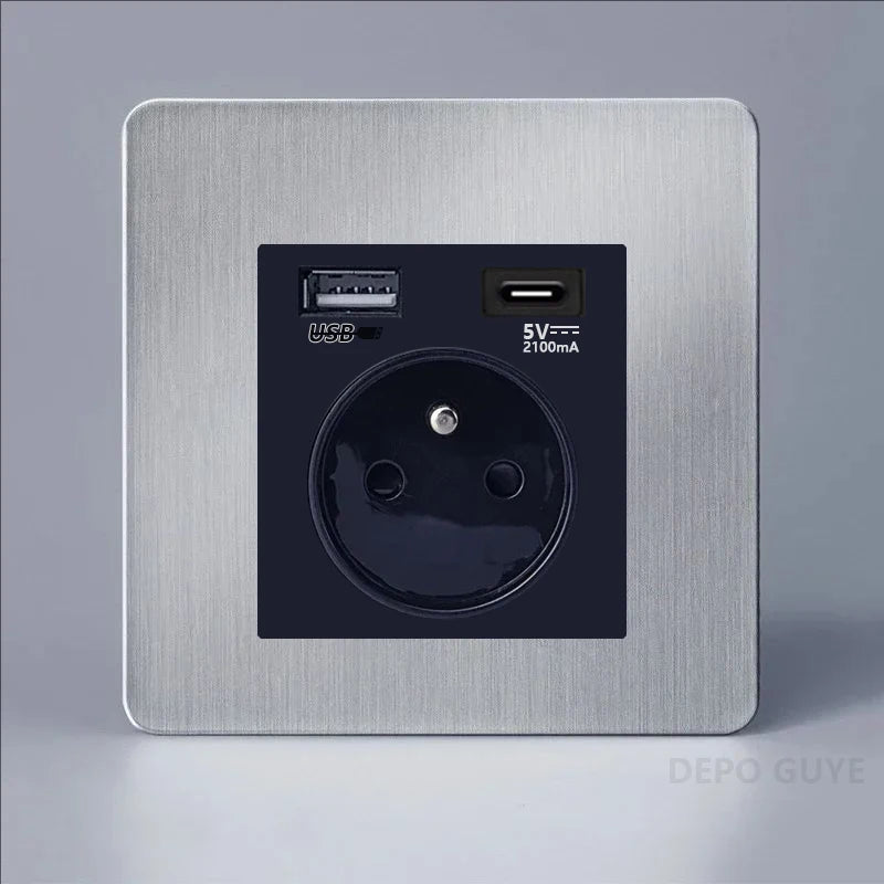 Retro EU France Socket Stainless Steel Brushed Double Power Outlet Toggle Metal Lever 1-4 Gang 2Way Wall Light Switch Panel RJ45