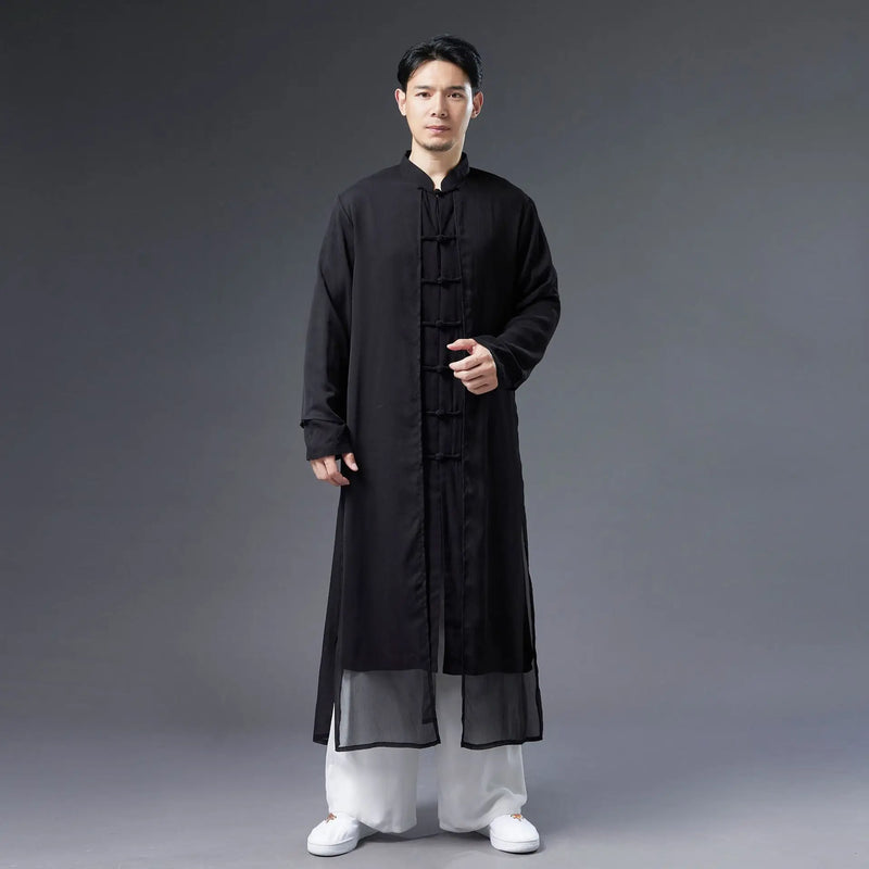 Chinese-style Men's White Trench Coat, Summer Black Cotton-linen Long Jacket.