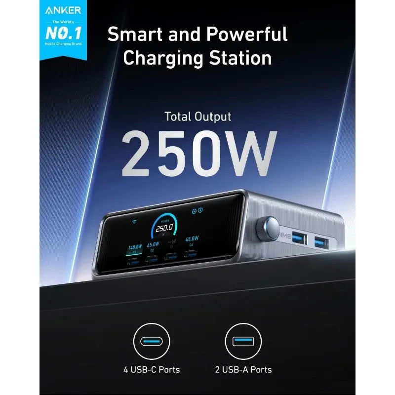 ស្ថានីយសាកថ្ម Anker A2345 Prime 250W GaN រន្ធ 6 USB C សម្រាប់ដាក់លើតុ សាកថ្មលឿន អេក្រង់ LCD ទំហំ 2.26 អ៊ីញ អាដាប់ទ័រថាមពលឆ្លាតវៃ សម្រាប់ឧបករណ៍ច្រើនយ៉ាង