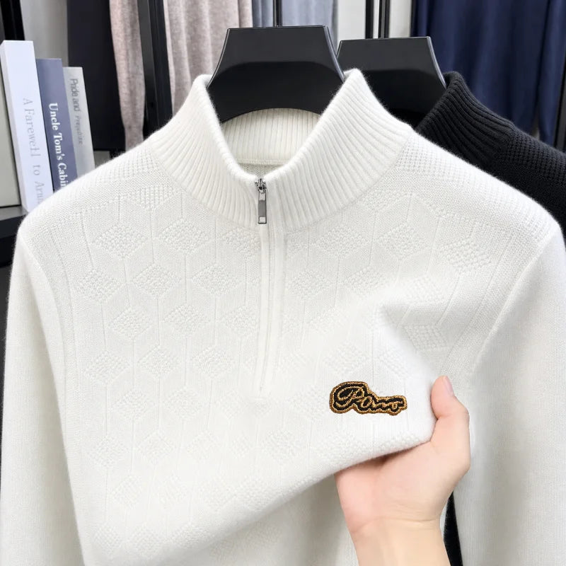 Luxury Man Long-Sleeved Knitwear Mock Neck Zipper Letter Embroidery Autumn Winter New Pullover Leisure Trend Snug Men's Clothing