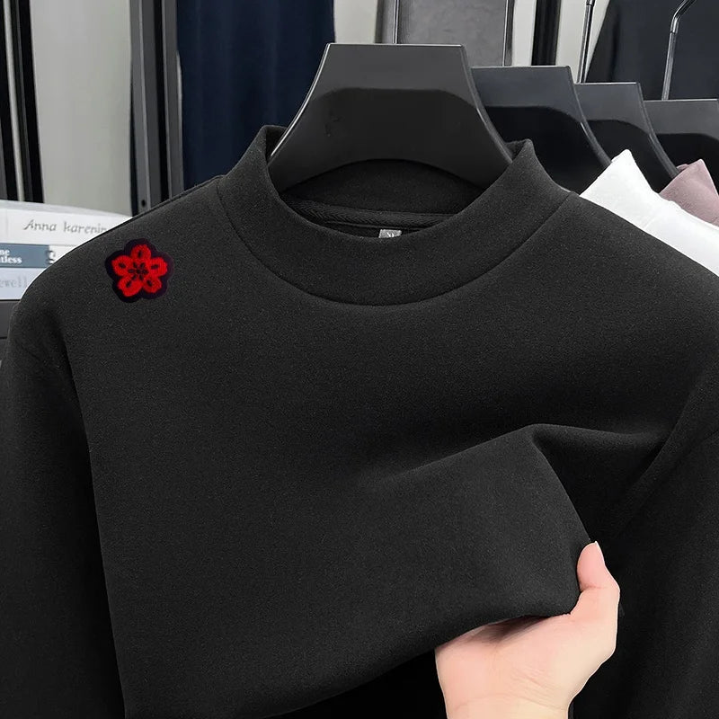Original Design Man Long-Sleeved T-Shirt Mock Neck Flower Embroidery Dralon Fabric Autumn Winter New Tops Casual Men's Clothing