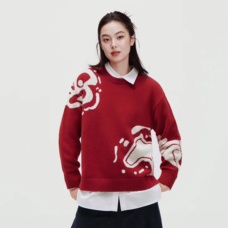 Semir Red Sweater Women 2026 Spring Soft Casual Fashion Comfortable Knitwear Basic Versatile Stylish Daily Wear Top
