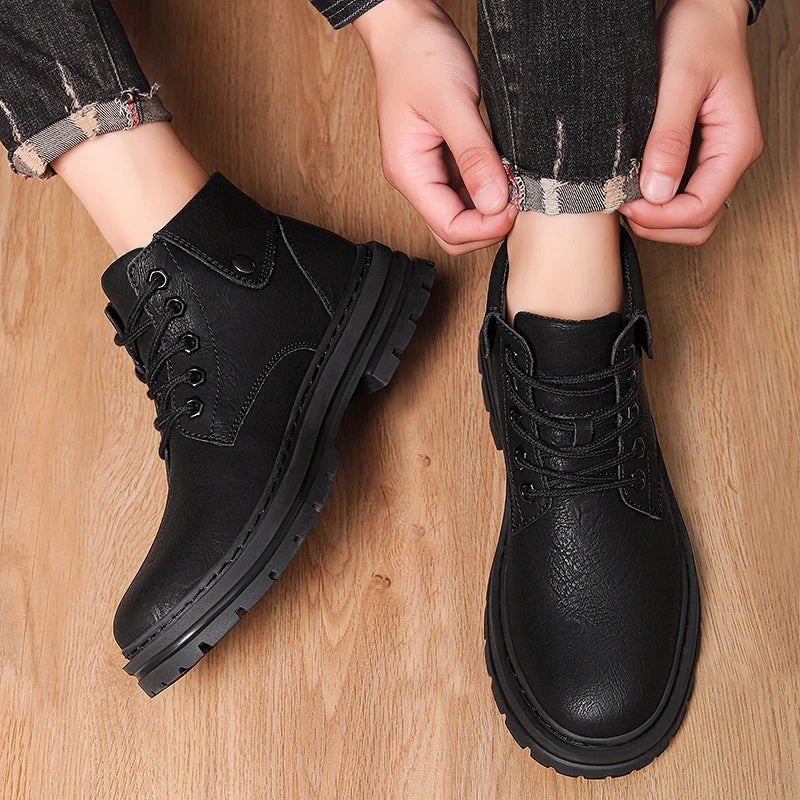 Mens Leather Boots Ankle British Style with Platform Soles Cushion Plush/Non-Plush Options Plus Big Size 48 49 50