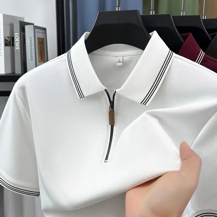 100% Cotton  Men's Premium Zip-Up Polo Shirt – 7A Antibacterial, Quick-Dry Business Casual