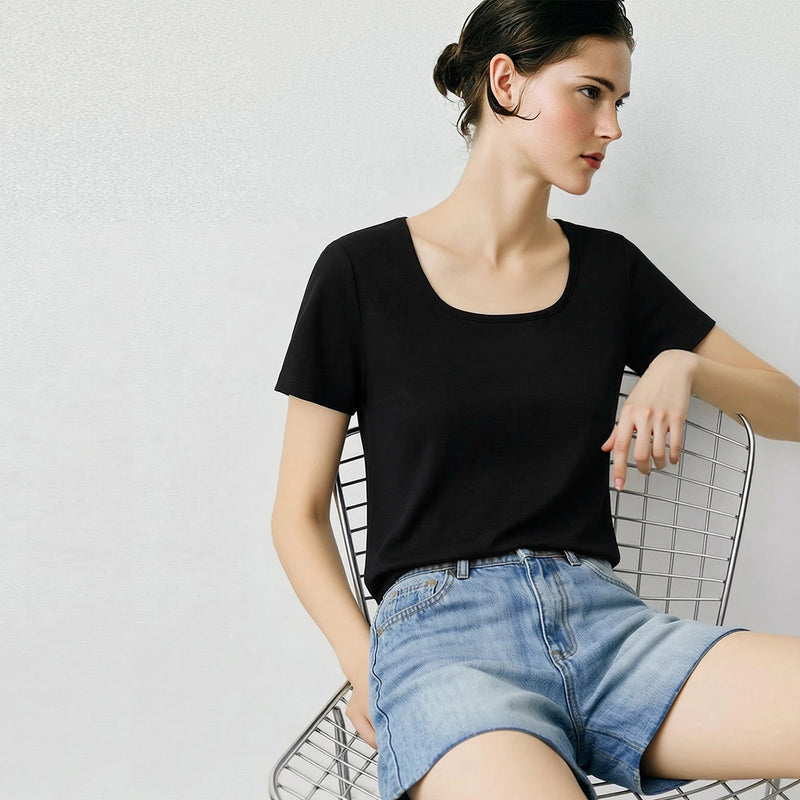 Amii Women's Tee Shirt 2026 Summer New Square Neck Short Sleeve Cotton Tee Basic Solid Breathable Casual Top For Women 12612044
