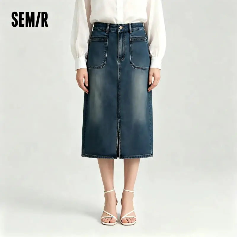 Semir Denim Skirt Women's Split 2024 New Autumn Retro Straight Skirt