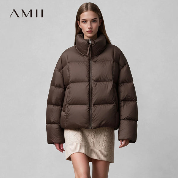Amii Women's Winter Down Jacket 2026 New Warm Stand Collar Hoodless Zipper Women's Outerwear Women's Puffer Jacket 12644026