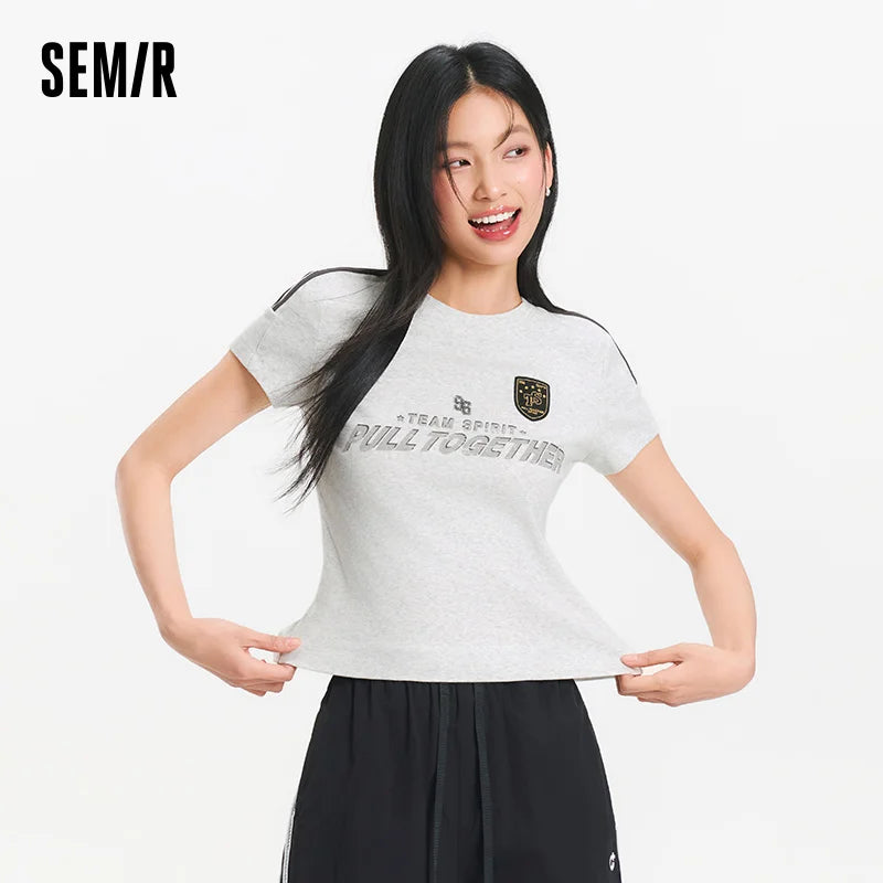 Semir Womens Tshirt 2026 Short Style Slim Printed Regular Shoulder Retro American Sports Style Casual