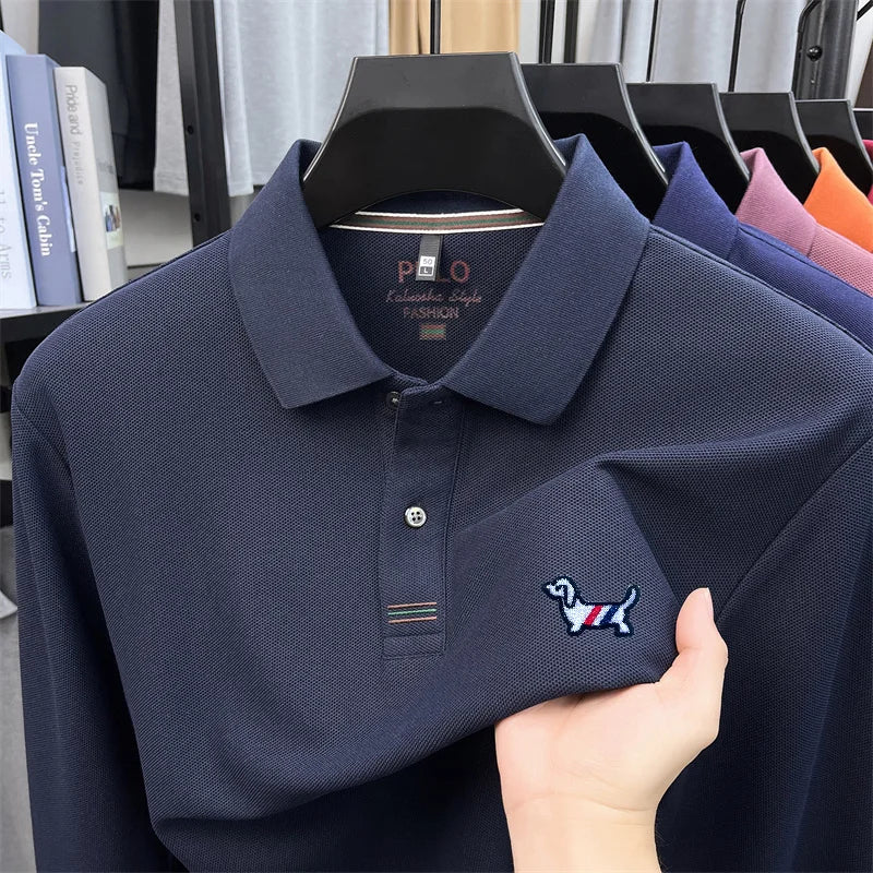 100% Cotton Men Long-Sleeve Polo Shirt Lapel Button Dog Embroidery Breathable Comfortable Autumn Winter Business Casual Menswear