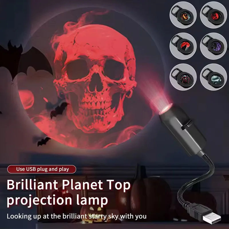 Skull Projection Lamp Switchable Pattern Design Led Night Light Portable USB Powered for Room Wall Ceiling Decor Halloween Gift