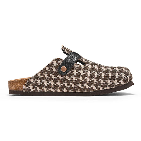 Mens Houndstooth Plaid Print Cork Footbed Clogs, Adjustable Buckle Closed-Toe Mules, Comfort Slip-On Shoes for Indoor & Outdoor