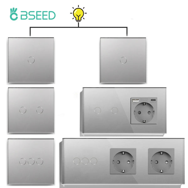 Bseed Wall Touch Light Switch 1/2/3Gang 2Way Light Switch With EU Socket USB Type-C Glass Panel Blue Backlight 240V for Stairs