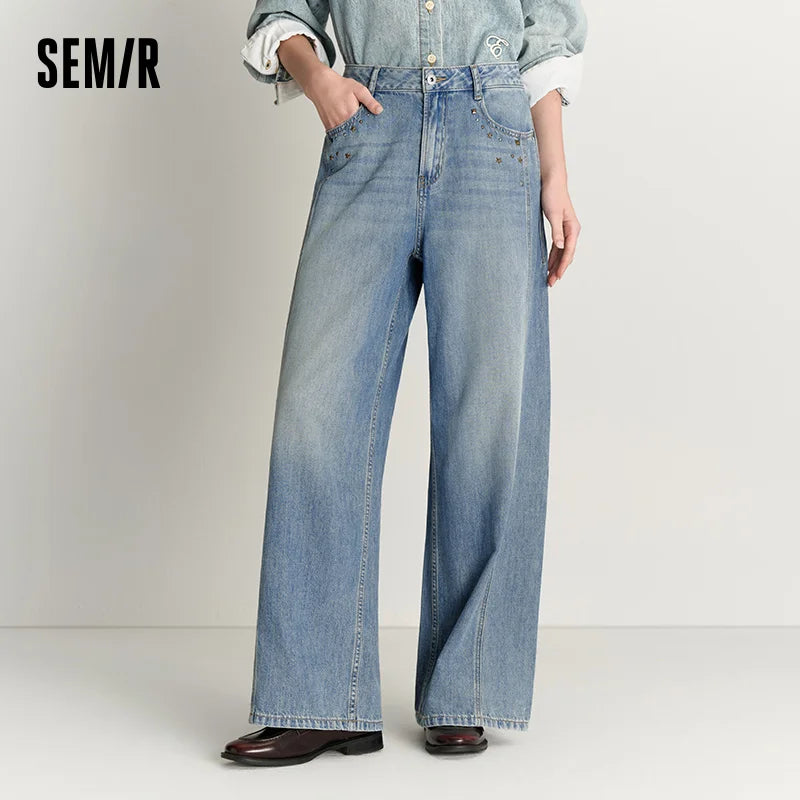 Semir Women Jeans Panelled Wide Leg Loose Fit 2026 Autumn Streetwear HighWaist Urban Casual Everyday Denim Pants
