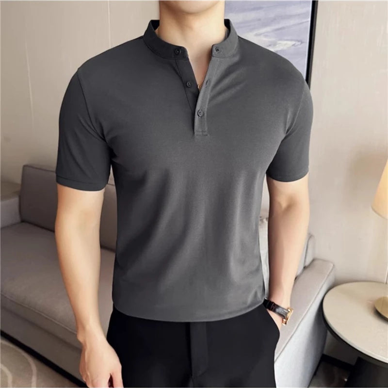2025 New Men's Army Green Henley Polo Shirt – Summer Thin-style Breathable Short-Sleeve T-Shirt (Black/Beige/Gray, Sizes M-3XL)