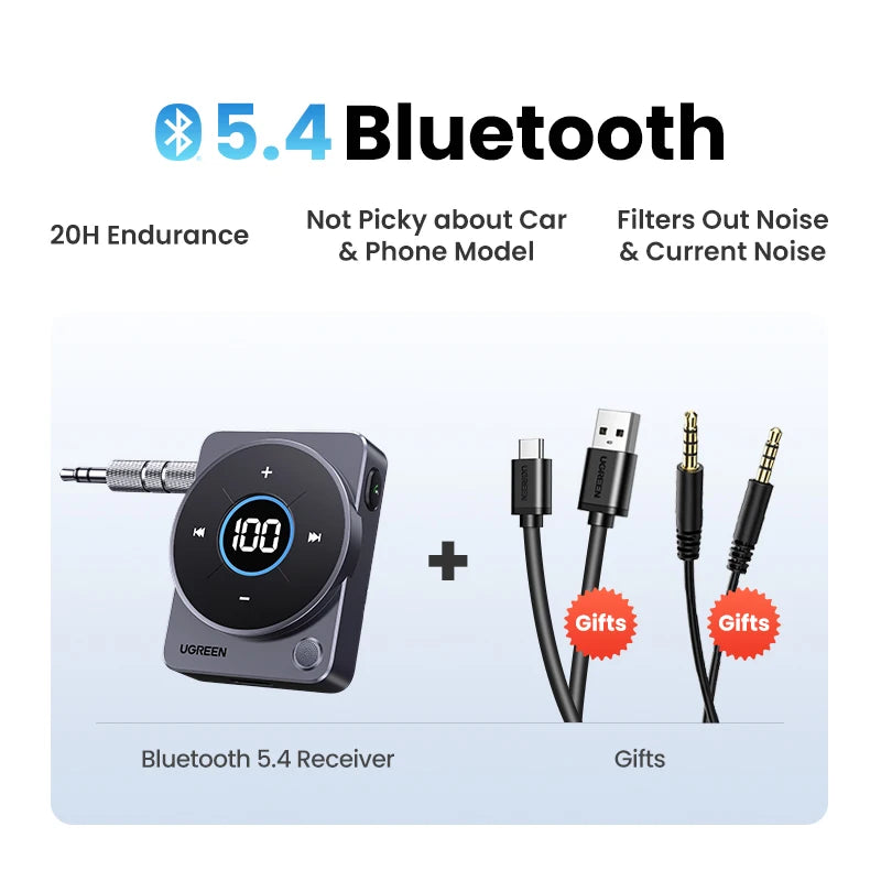 UGREEN Bluetooth 5.4 Aux Adapter 3.5mm Audio  Music for Car 20H Battery Life Screen Display SBC AAC