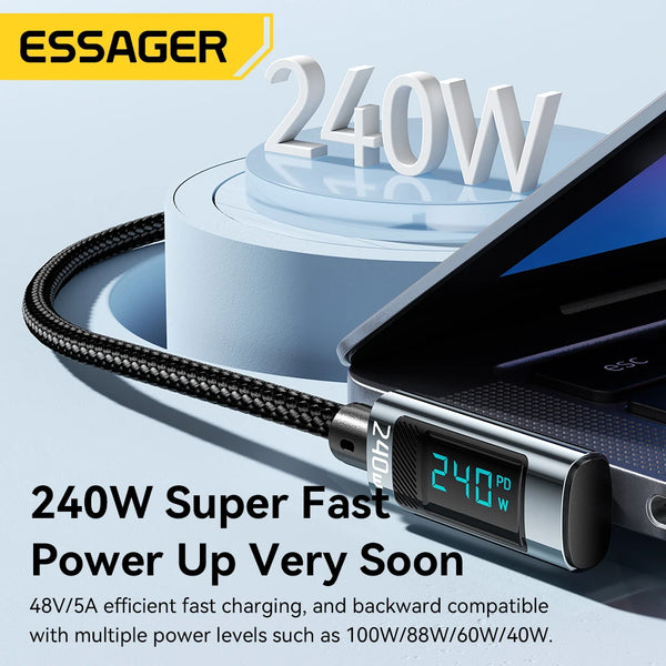 ខ្សែសាក Essager 240W USB Type C ទៅ USB C មុំ 90 ដឺក្រេ PD សាកលឿនសម្រាប់ iPad MacBook Pro Xiaomi Samsung Huawei