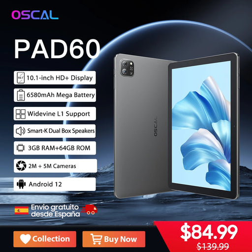 Oscal Pad 60 Tablet 3GB RAM 64GB ROM 6580mAh Battery Android 12 10.1'' HD+ Display Dual Box Speaker Wifi Tablets PC