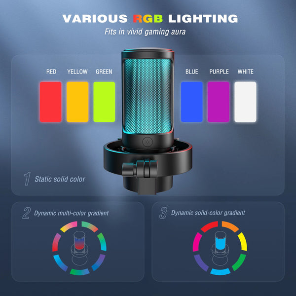 មីក្រូហ្វូន USB FIFINE សម្រាប់ថត និងផ្សាយលើកុំព្យូទ័រ និង Mac, រន្ធដោតកាស និងប៊ូតុងបិទសំឡេង, មីក្រូហ្វូនមាន 3 របៀប RGB -A8