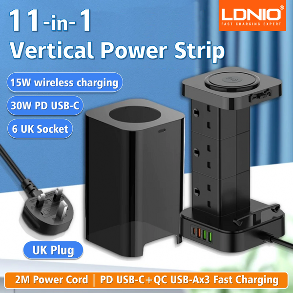 ឌុយភ្លើង LDNIO Tower មានរន្ធដោតចំនួន 6 + រន្ធ USB ចំនួន 4 + ឆ្នាំងសាកឥតខ្សែ ខ្សែភ្លើងប្រវែង 2 ម៉ែត្រ រន្ធដោតបញ្ឈរសម្រាប់ប្រើប្រាស់ក្នុងផ្ទះ