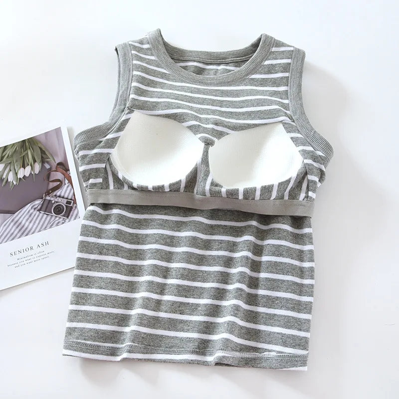Women Sleeping Shirts New Knitted Cotton Sleepwear Tops One Piece Pajamas Striped Sleeveless Chest Pad Underwear T-shirt