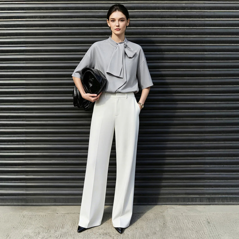 Amii Women Shirt 2026 Summer New Stand Collar Tie Drop Shoulder Short Sleeves Blouse French Style Elegant Chiffon Top 12642105
